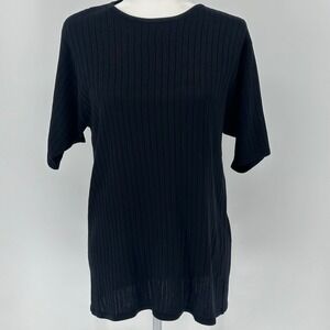 Vintage Black Ribbed Knit Silk Short Sleeve Top Sweater LEYLA MITRA Tunic M